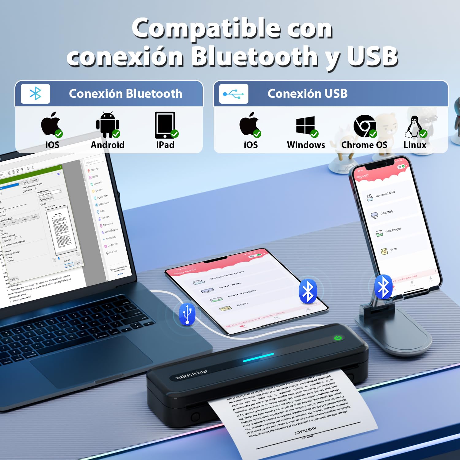 ASprink Impresora Térmica A4, Impresora Portátil M832 Sólo Papel Térmico A4, 300DPI Impresora Bluetooth sin Tinta para Llevar, Compatible con Android e iOS - Negro