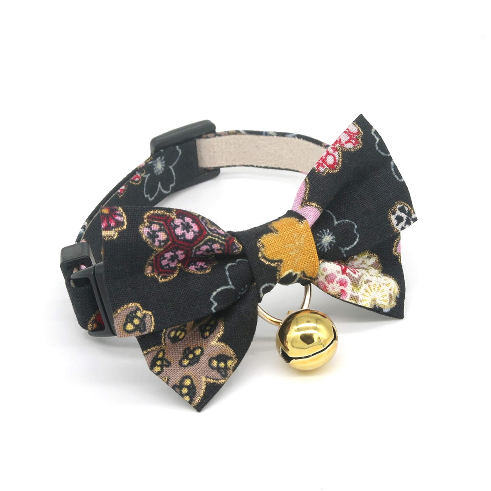 PetSoKoo Double Bowtie Breakaway Cat Collar with Bell. Japan Colorful Sakura Kimono Style. 102% Cotton. Soft, Cute for Girl Male Adult Cats Collar,