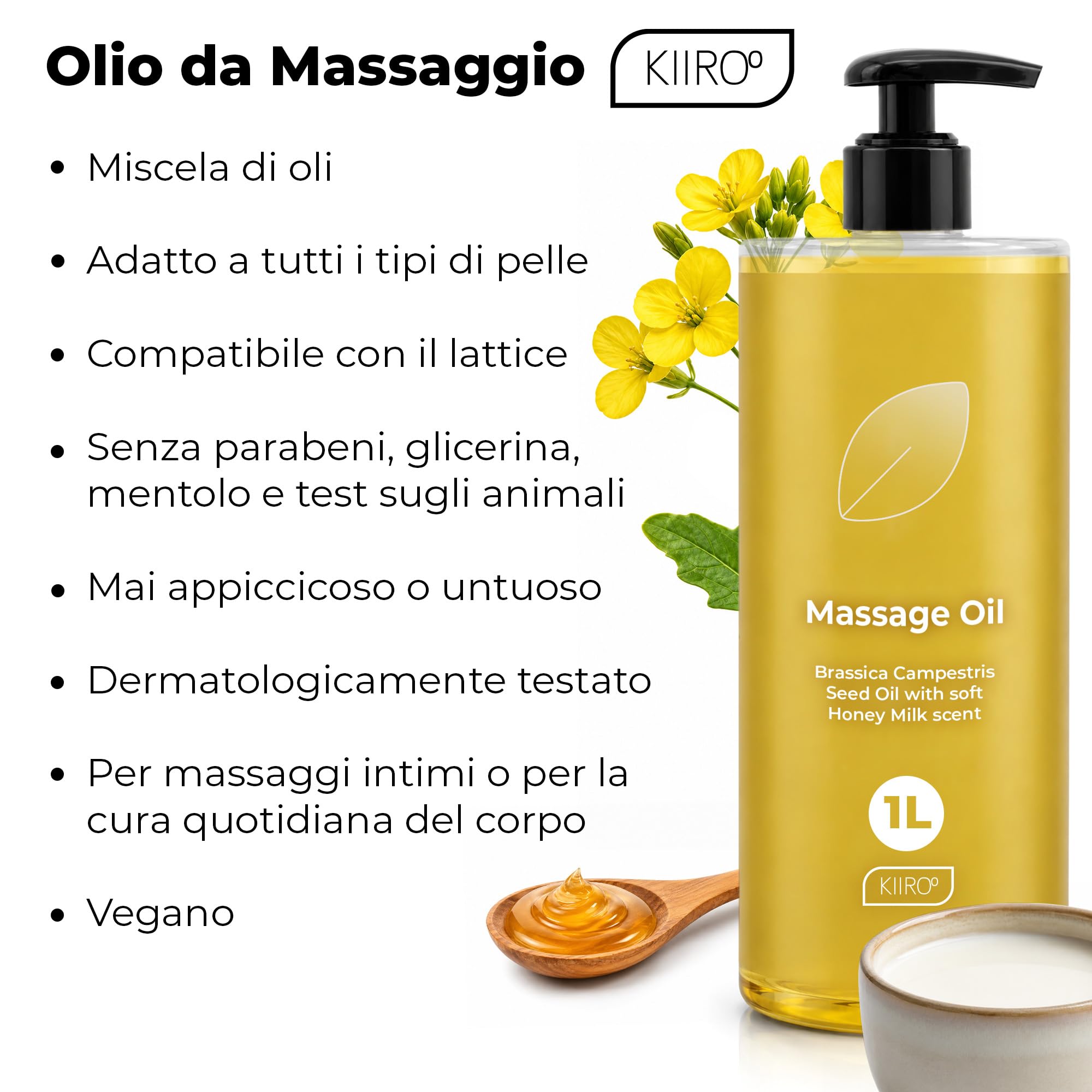 KIIROO Olio da Massaggio Nutriente 1L Honey Milk con Vitamina E e Olio di Brassica – Olio Massaggio Corpo a Rapido Assorbimento – Olio Corpo Idratante Pelle Secca per Uso Quotidiano
