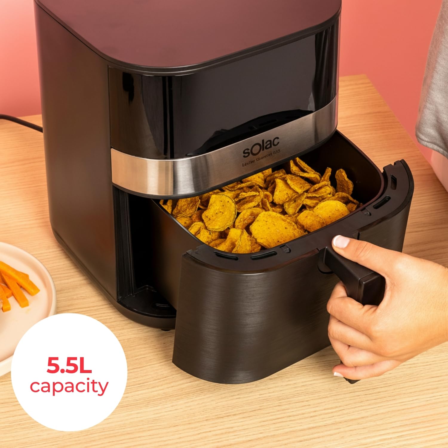 Solac Léviter Gourmet G55 frytkownica na gorące powietrze, 5,5 l, 8 programów, cyfrowy wyświetlacz, regulowana temperatura: 80–200°C, timer 60 min, metalowa strona wewnętrzna, nieprzywierająca powłoka