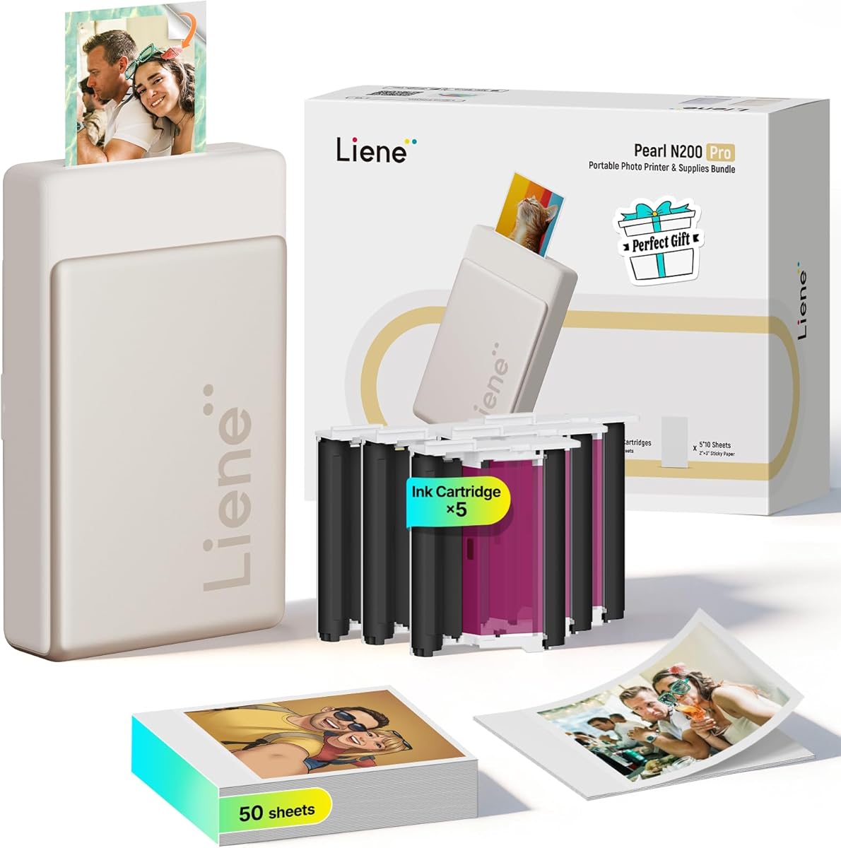 Liene Pearl N200 Pro Portable Photo Printer, Instant Mini Picture Printer for iPhone Smartphone, Thermal Dye Sublimation, Bluetooth Sticker Printer 50 Sheets 2x3 Adhesive Paper & 5 Cartridges, Gold