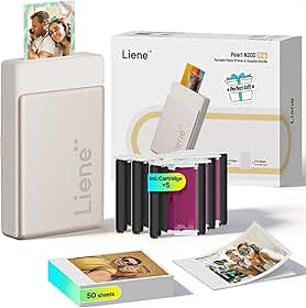 Liene Impressora fotográfica portátil Pearl N200 Pro, mini impressora instantânea para iPhone Smartphone, sublimação de tinta térmica, impressora de adesivos Bluetooth, 50 folhas, papel adesivo 5 x 3