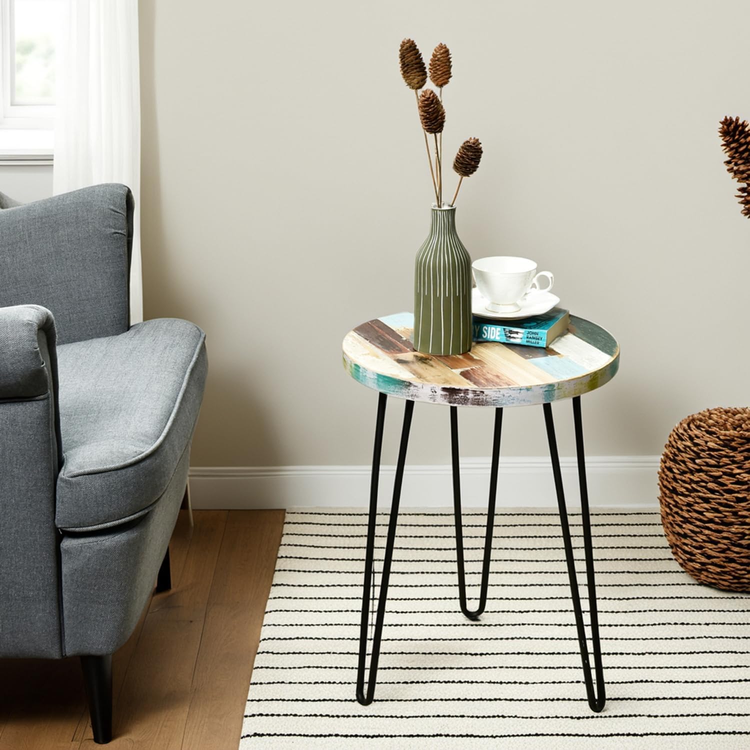 Reclaimed Wood Side Table, Round Hairpin Leg End Table, 16" L x 16" W x 20.5" H, Night Stand, Recycled Boat Wood for Living Room, Bedroom, Home Office, Patio
