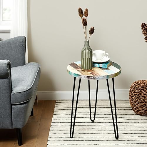 WELLAND Reclaimed Wood Side Table, Round Hairpin Leg End Table,