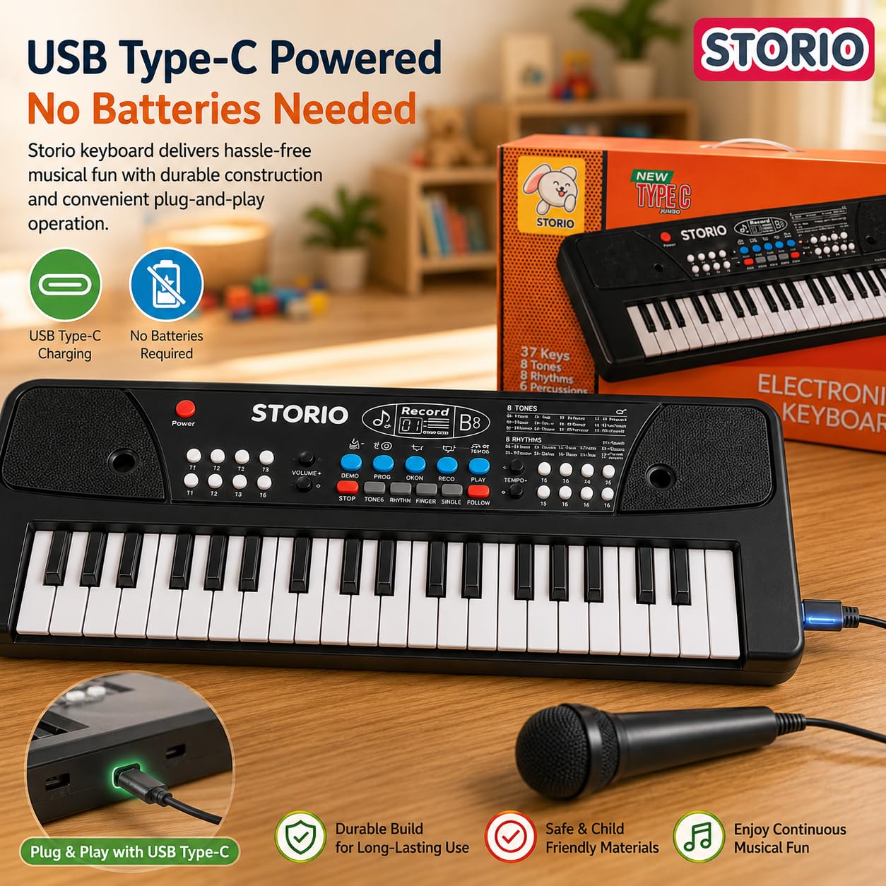 Storio Kids Piano Keyboard with Mic | 37 Keys, 8 Rhythms, 8 Tones & 6 Demo Songs | Electronic Musical Toy for Boys & Girls Age 2-5 | Educational & Recording Keyboard for Beginners — Amazon image 5