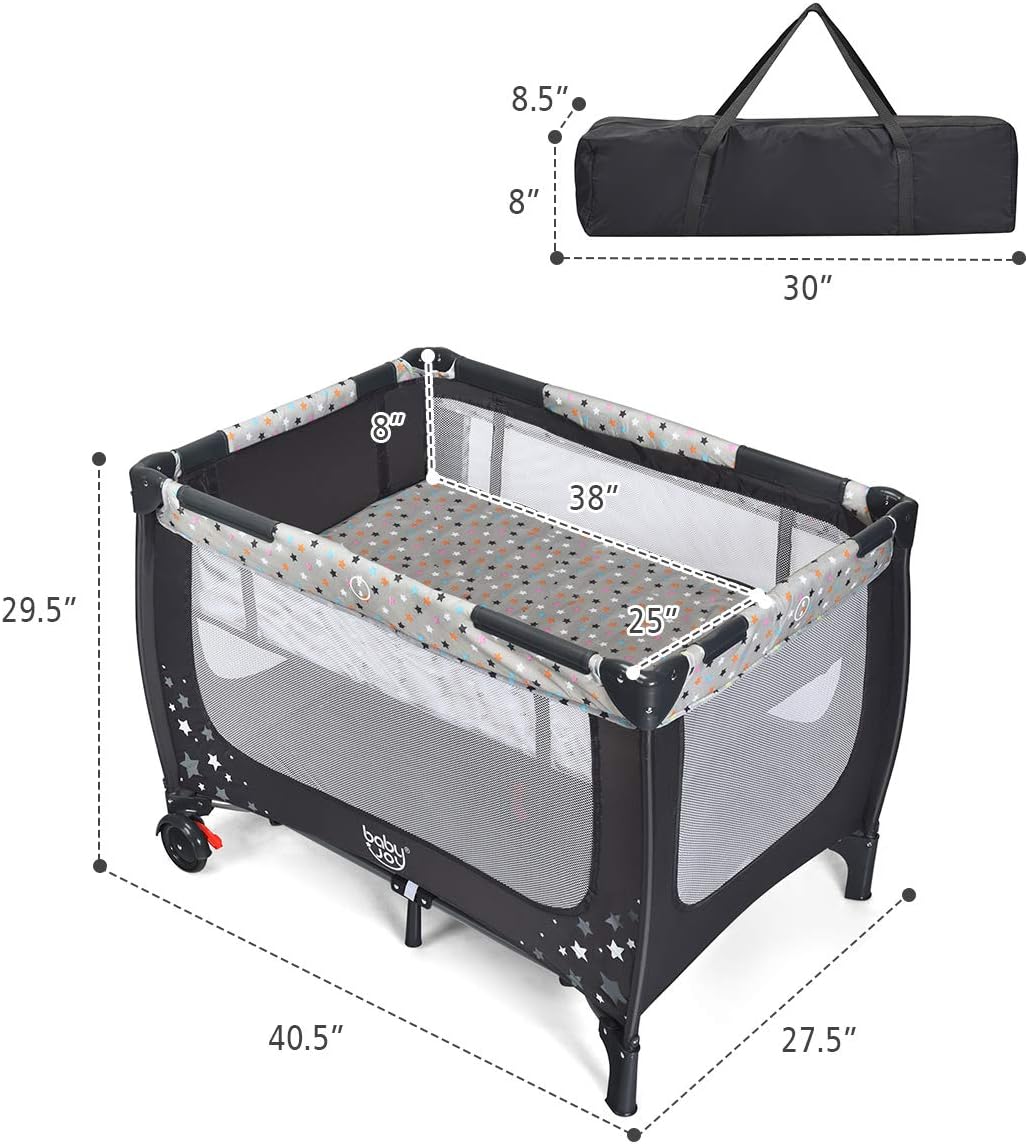 HONEY JOY Pack and Play, Foldable Baby Playard with Bassinet, Lightweight Installation-Free Travel Baby Crib from Newborn to Toddlers, Portable Nursery Center w/Lockable Wheels & Carry Bag(Gray)