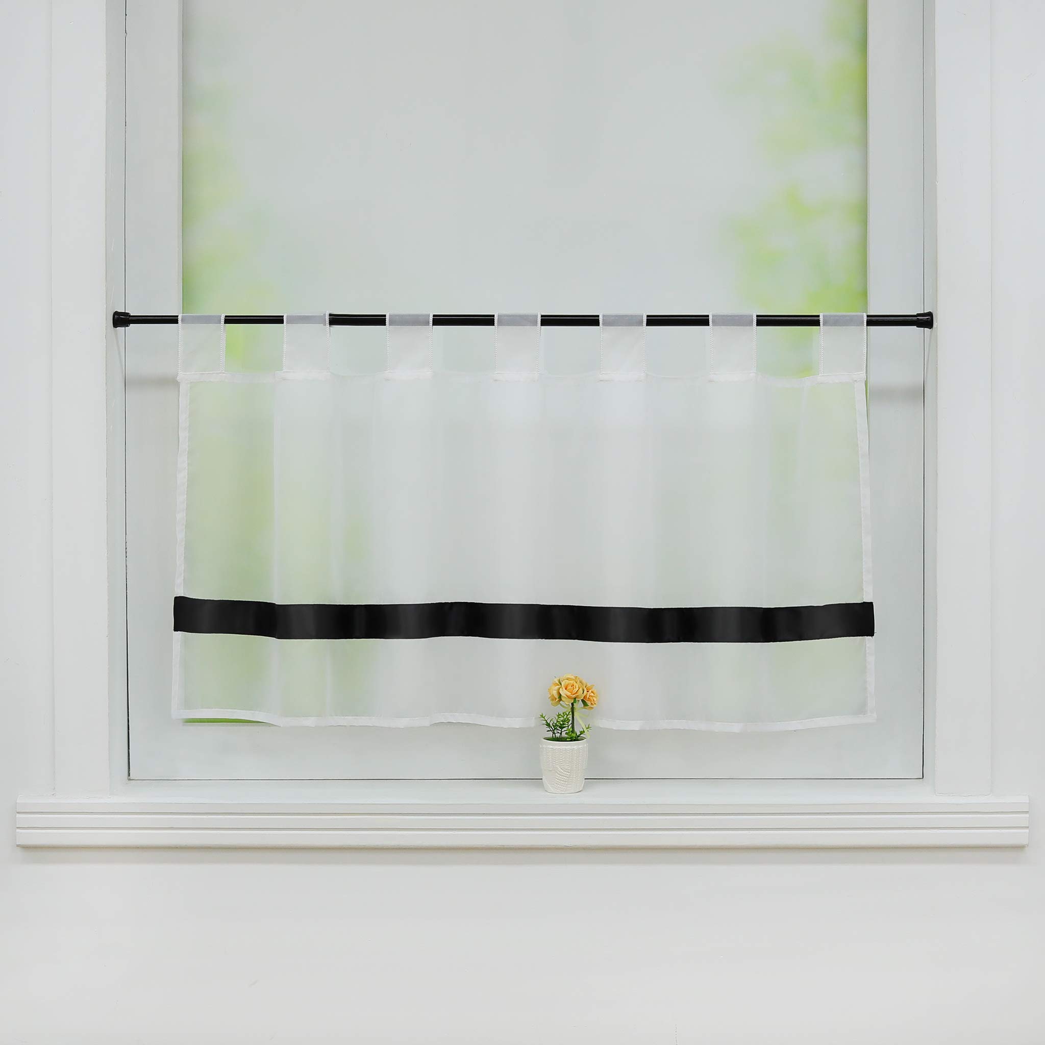 Joyswahl Julie Voile Bistro Curtains with Satin Ribbon, Loops Kitchen Short Curtain H x W 45 x 90 cm Black Pack of 1
