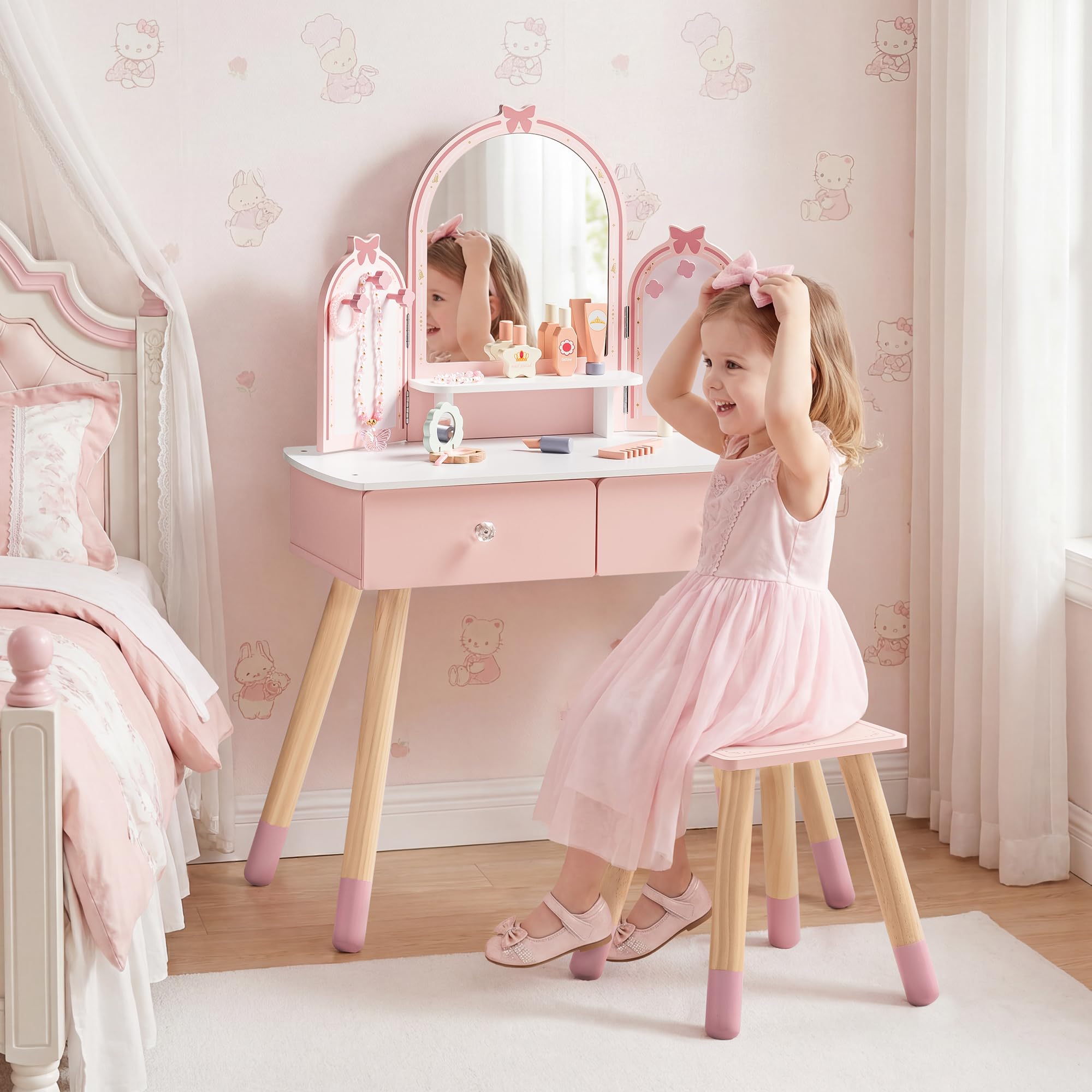 ROBUD Kinder Schminktisch mit Hocker: Mädchen kinderschminktisch mit Spiegel, Rollenspiel Schminktisch für Kinder, Frisiertisch mit Schublade und Zubehör für Kinderschminke, ab 3 Jahren (Rosa)