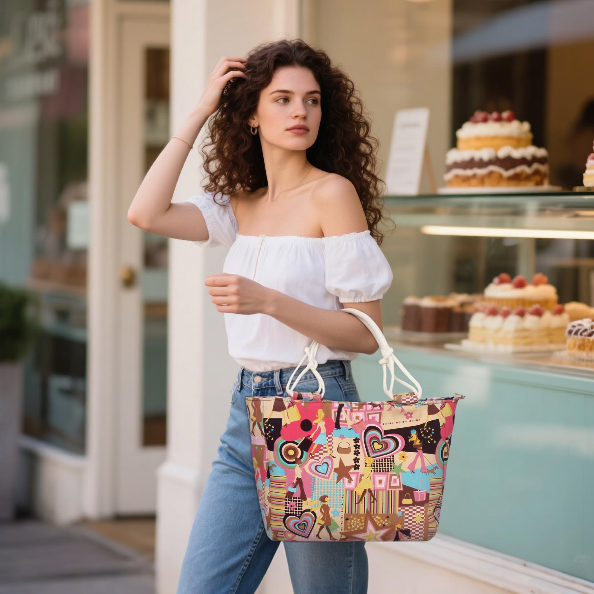 Borsa Donna Grande in Tela Shopper Grafica Collage Borsa a Spalla