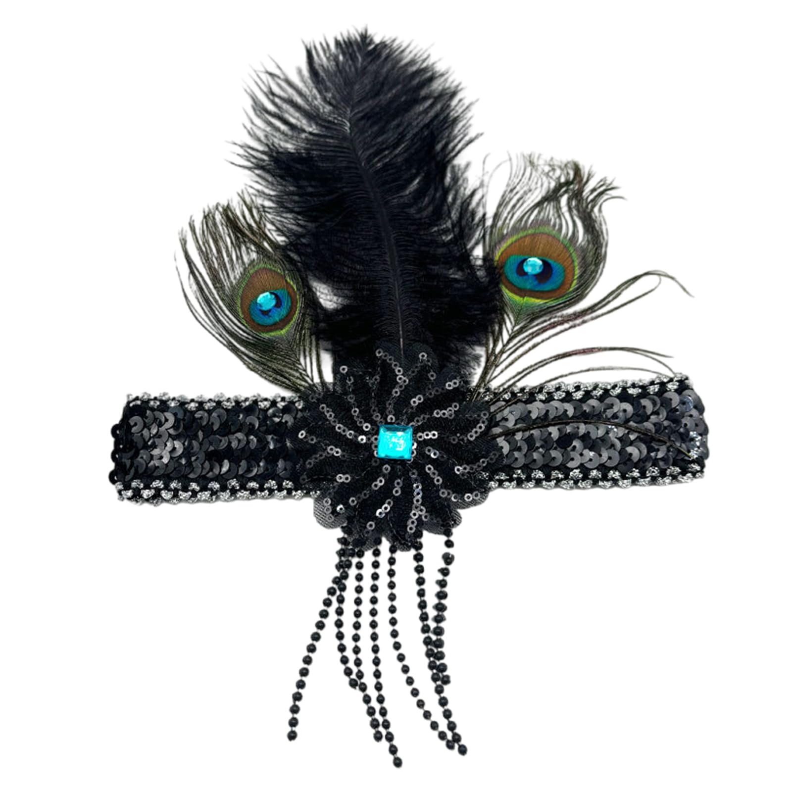 MICFENY Stretchable Hairband With Glitters Fringe Natural Peafowl Feathered Comfortable Adjustable Headpiece For Event