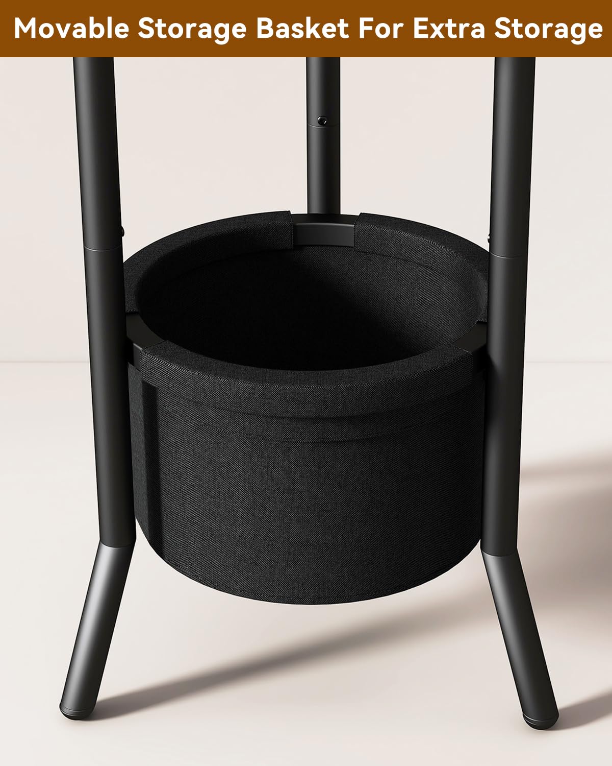 YMYNY Appendiabiti, Appendiabiti con Ripiani Portaoggetti, Attaccapanni da Terra con 1 cestino in Tessuto, Stile Industriale, Portabiti per Vestiti, Cappelli, Sciarpe e Borse Nero HGR005B