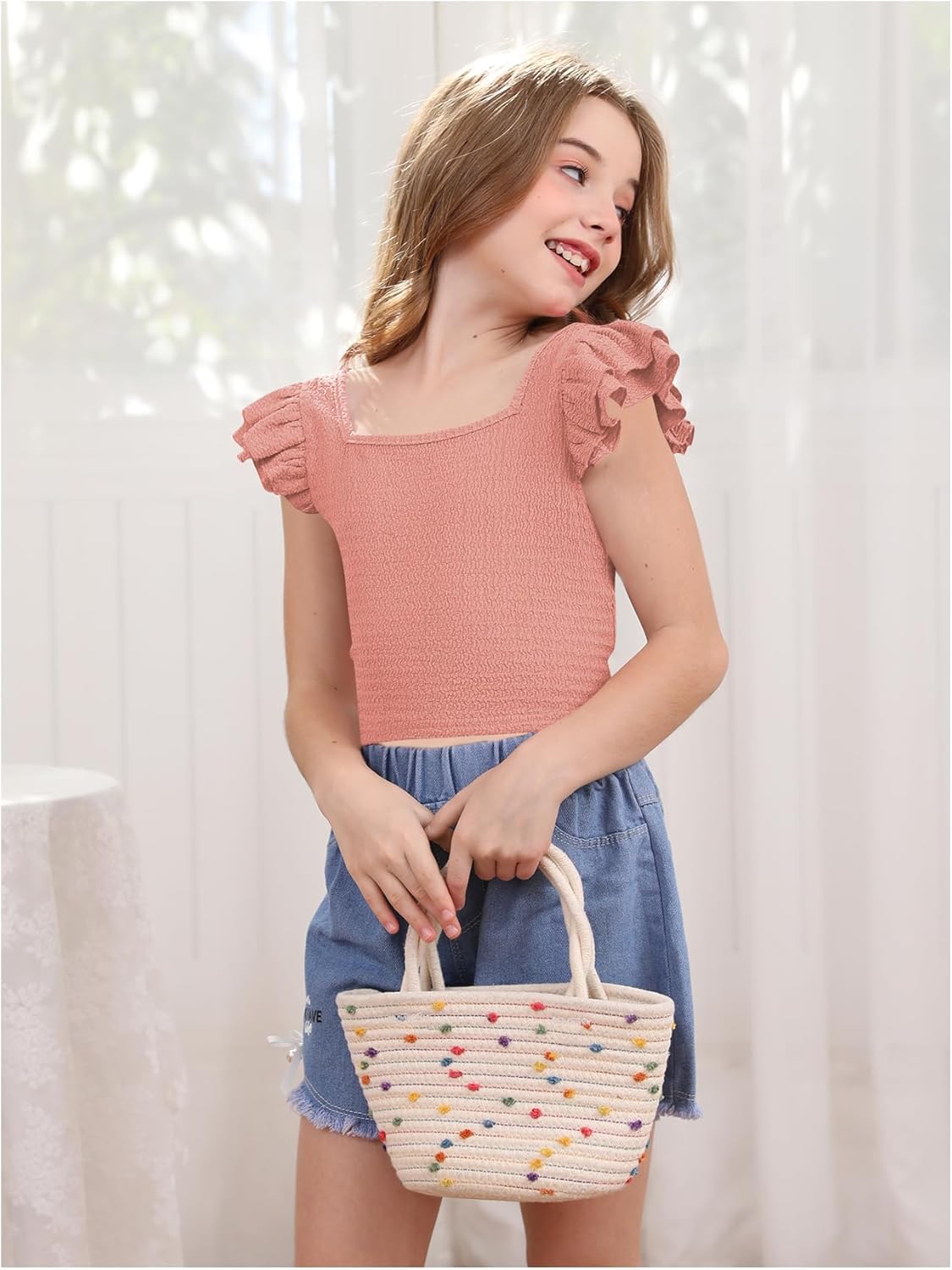 OYOANGLE Girl's Casual Solid Ruffle Trim Cap Sleeve Square Neck Cute Crop Tank Tops T-Shirts - Image 4