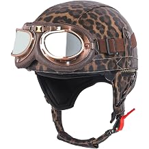 Retro Leather Motorcycle German Style Half Helmet DOT Approved, Cool Cute Men Women Vintage Half Face Helmet with Visor, Adult Scooter Open Face Helmet for Motobike Moped Cruiser
