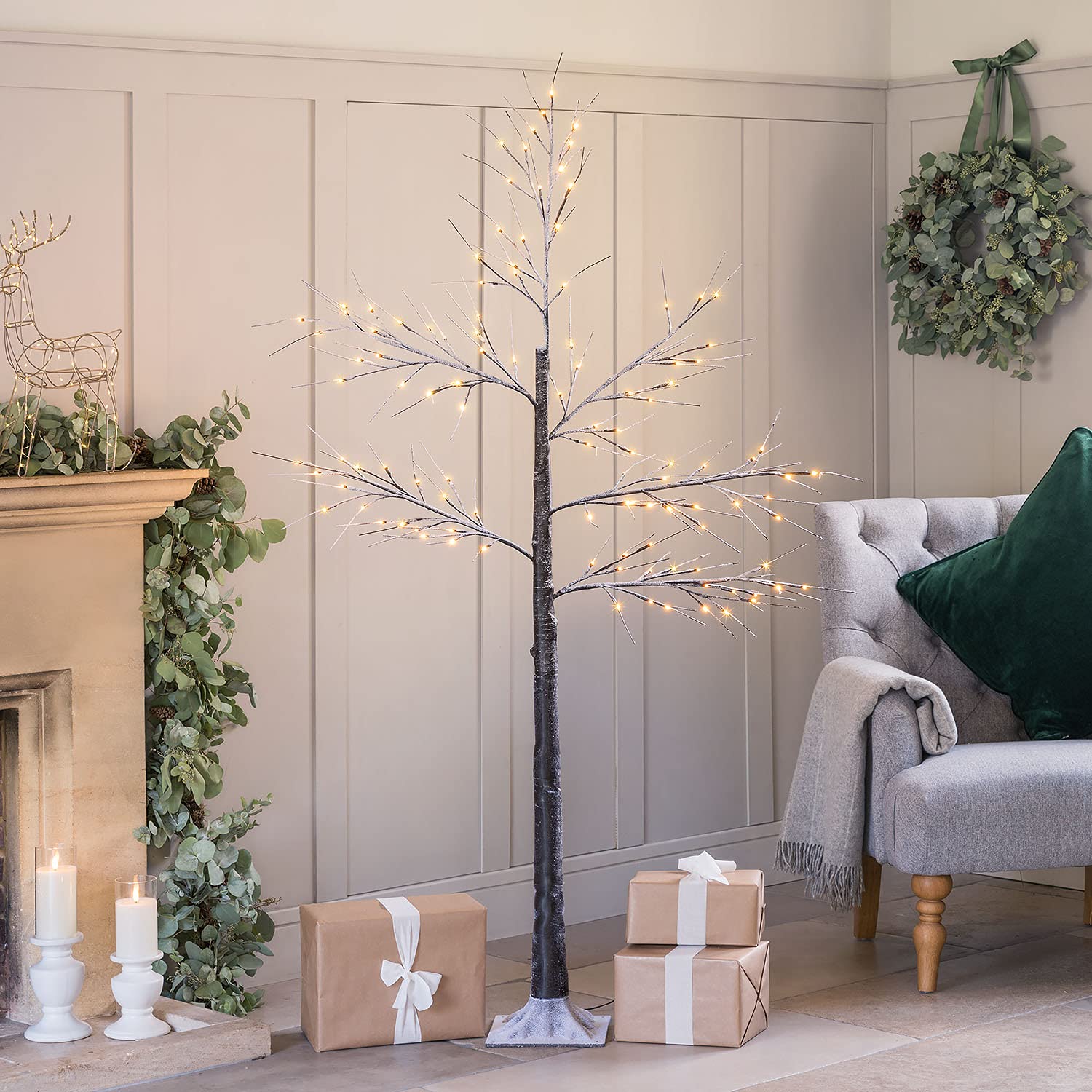 Snowy Twig Tree With Lights 6ft, Pre Lit Birch Christmas Tree, Light Up Warm White LED Decoration, Indoor Outdoor, Mains Operated (120 LED)