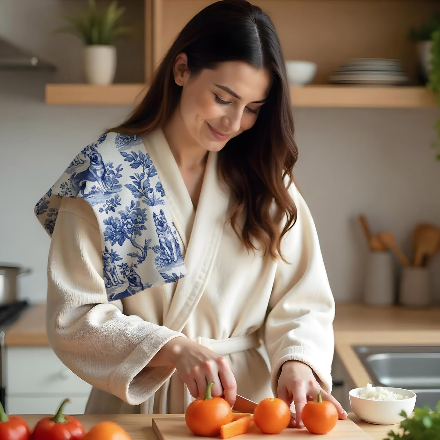 Blue and White Chinoiserie Bow German Shepherd Kitchen Towels, Vintage Blue Coquette Dog Hand Towels for Bathroom, German Shepherd Gifts Dish Tea Towel, 16x24 Inch Set of 2 - Image 3