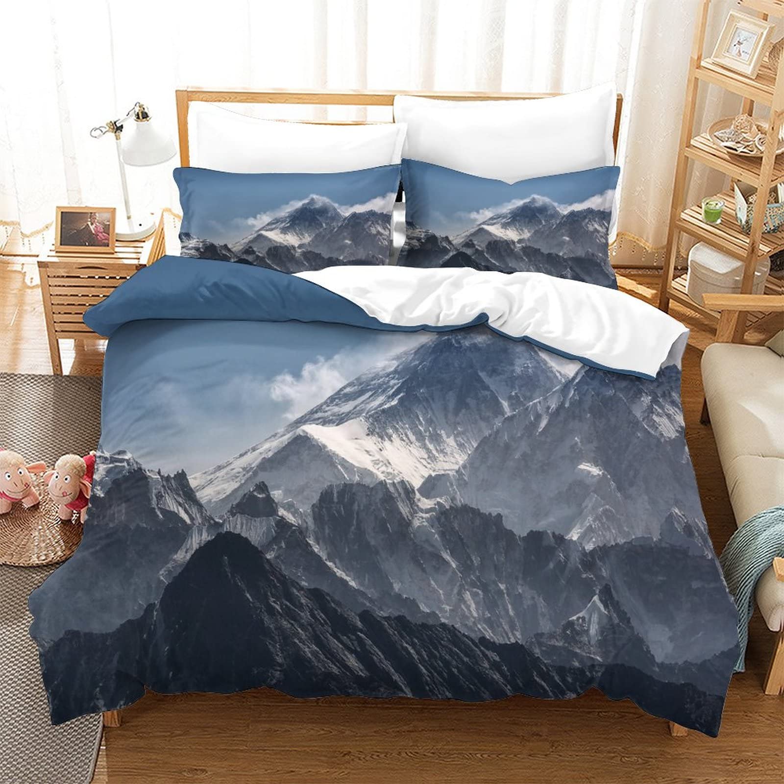 Housse de couette plumes paysage montagne 3 pieces en microfibre