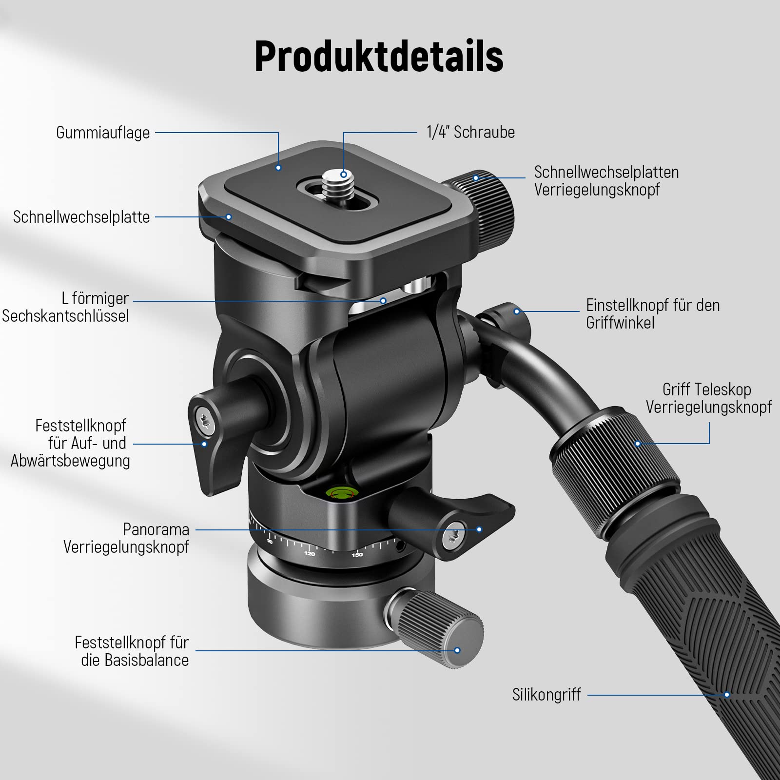 NEEWER Stativ Fluidkopf mit +/-10° Nivellierbasis, Metall Drag Pan Tilt Kopfhalterung mit Arca Typ Schnellwechselplatte, Teleskopgriff, Reinigungstuch für kompakte DSLR Kamera/Cam, max. Last 4kg, GM27