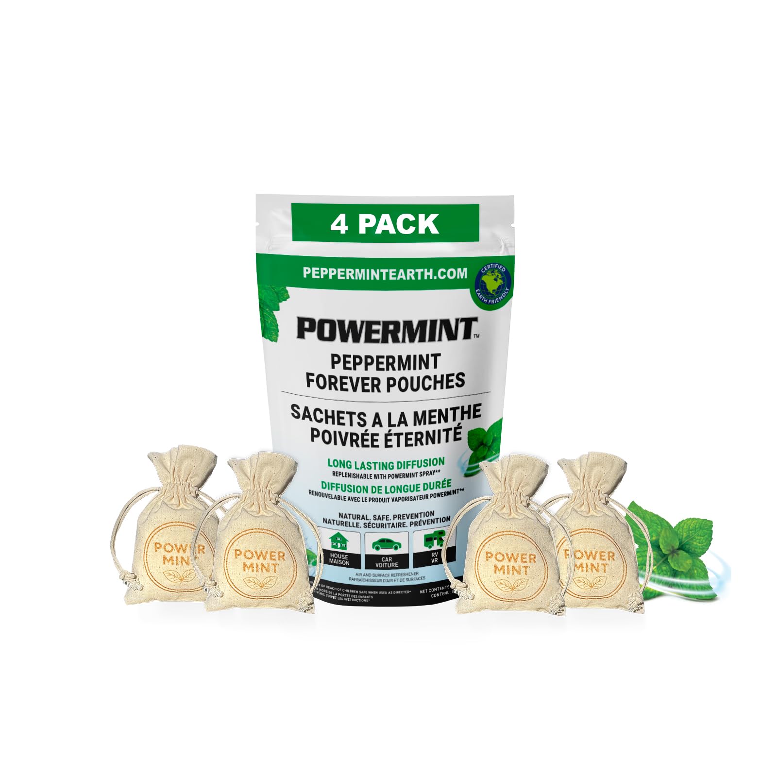 POWERMINT Peppermint Forever Pouches for Home, Farm and Vehicle. Premium Quality. 4-PACK — view 3