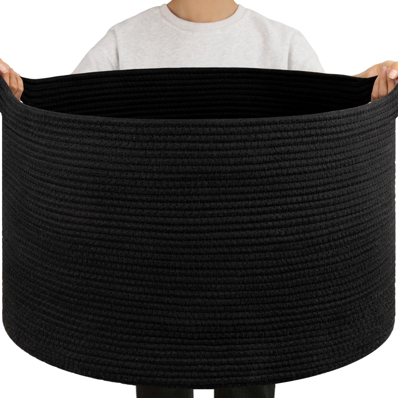 oiahomy 105l blanket basket for living room, large basket 23.6" x 23.6" x 14.6" with handle, laundry hamper for blankets, pillows, toy storage for kids, dogs - black