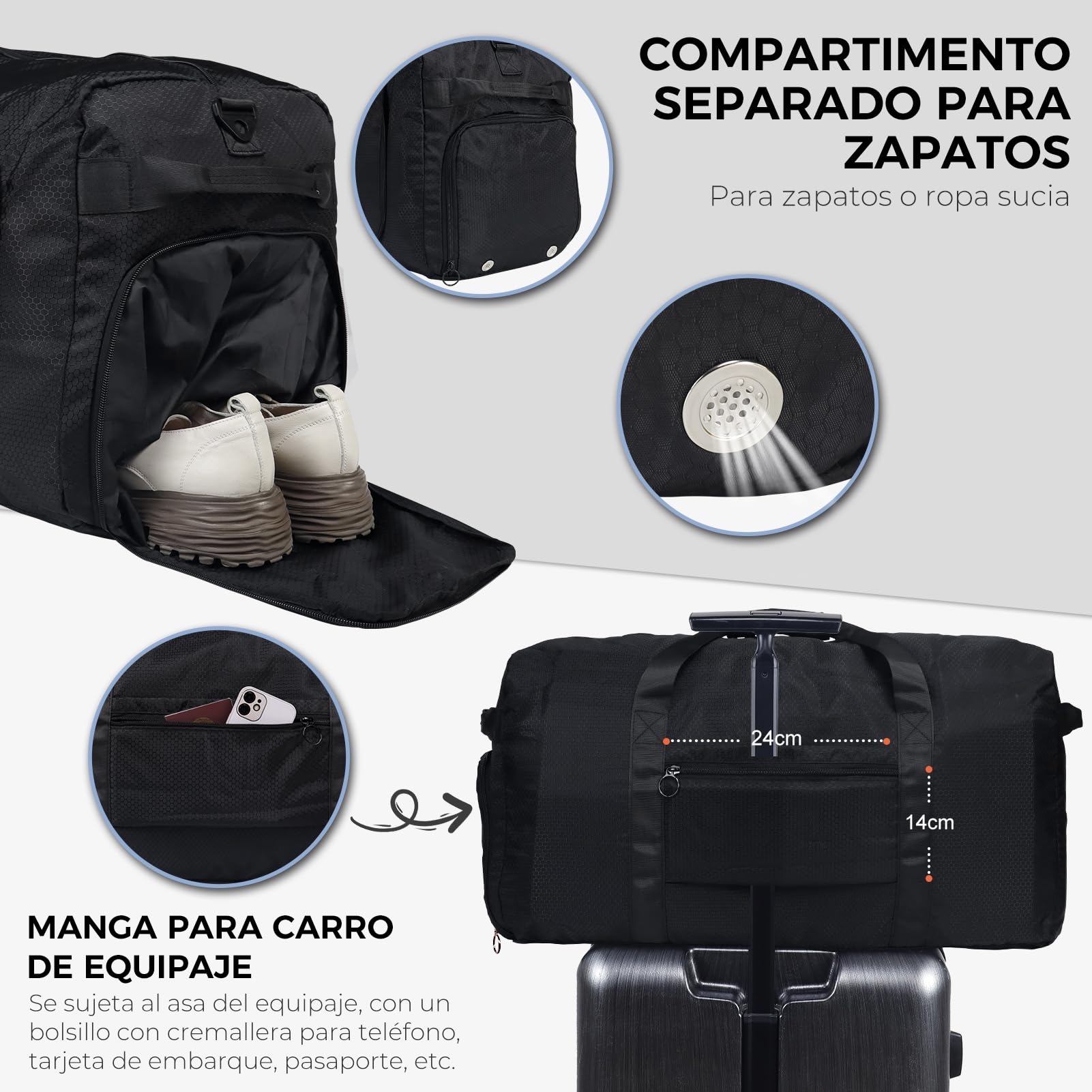 Fmeida Bolsa de Viaje Grande 65L con Compartimento para Zapatos, Plegable Bolsa Viaje Impermeable Ligera Bolsas de Viaje para Hombre y Mujer - Negro