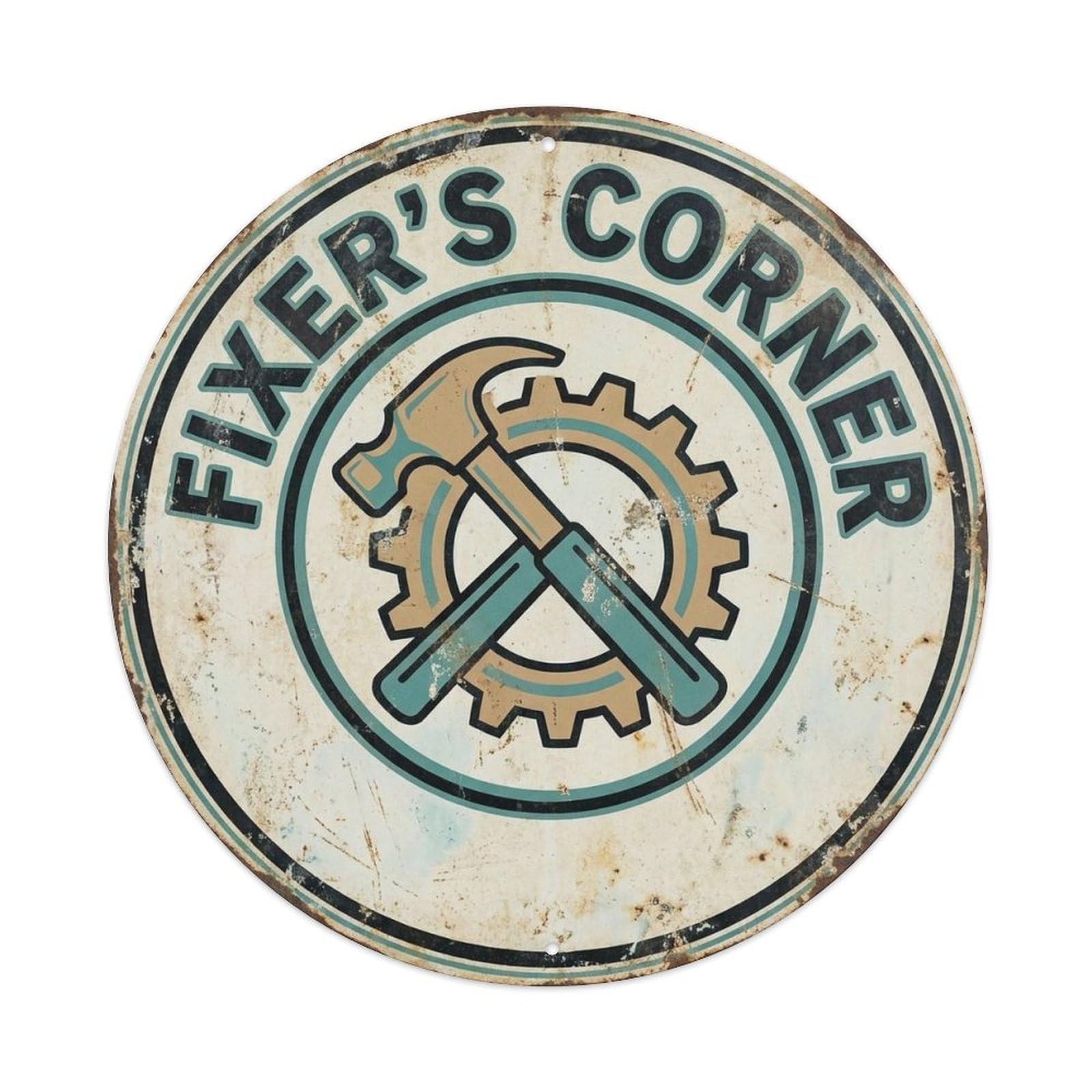 Fixers Corner Tool Culture Retro Badge Old School Garage Workshop Metal Tin Sign Plaque Wall Decor for Cafe, Man Cave, Club Bar, Office, Home Garden Round Metal Poster 8x8Inch