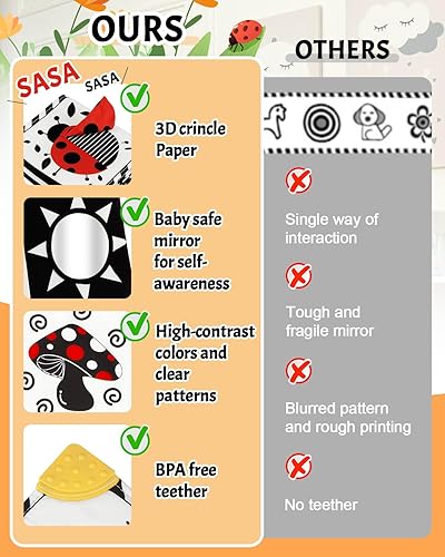 Miniatura 9 de Juguetes para la hora de la barriga, libro de bebé de alto contraste con espejo y mordedor, libros infantiles en blanco y negro, libro suave de 0 a