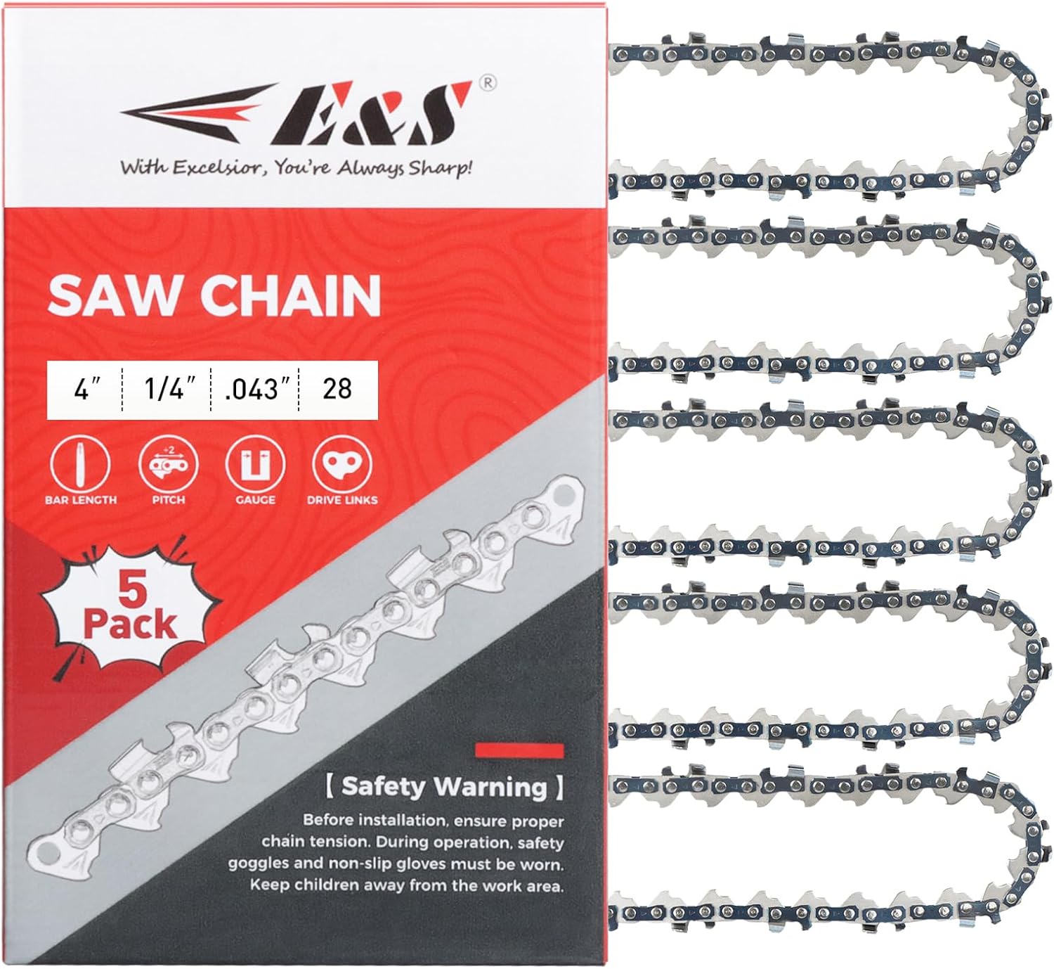 E & S 5 Pack 20 Inch Chainsaw Chain 3/8" Pitch .050" Gauge 72 Drive Links Semi-Chisel Chain Saw Chains for Oregon, Stihl, Husqvarna, Poulan, Craftsman, Greenworks and More Chainsaw Brands