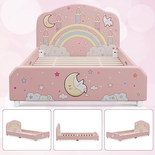 Miniatura 6 de IKIFLY Cama infantil de tamaño individual, base de cama tapizada con cabecera curvada, cama de princesa rosa para niñas y adolescentes, no necesita