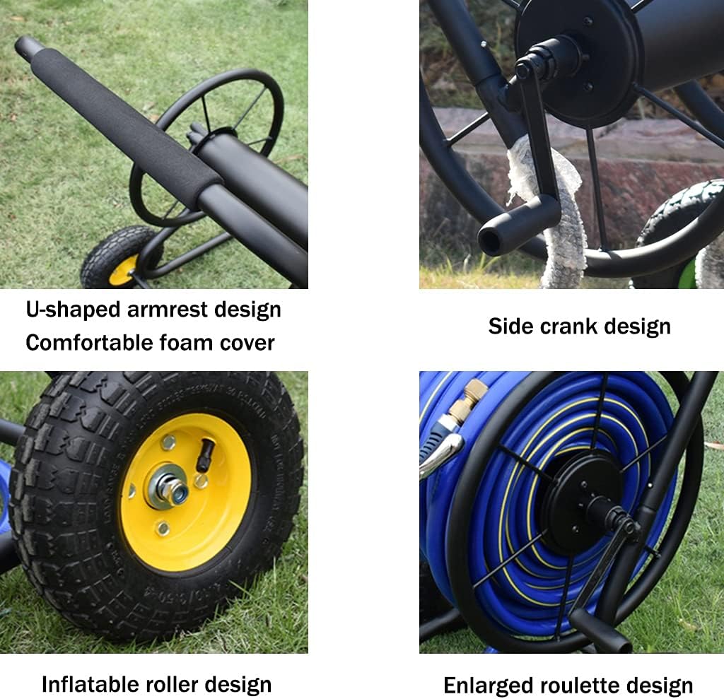 Garden Hose Reel Cart with Wheels,Household Pet Bath Hose Storage Rack, Outdoor Irrigation Hose Cart with Water Pipe, Garden Supplies (Color : Black, Size : +DN20 60M Pipe)