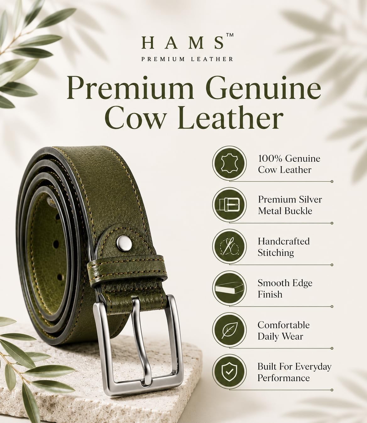 HAMS™ Cinturón de Cuero Genuino para Hombre, Verde Oliva | Cuero de Vaca 100%, Hebilla de Metal Plateado, Costura Artesanal, Acabado de Borde Liso, Uso Diario Cómodo