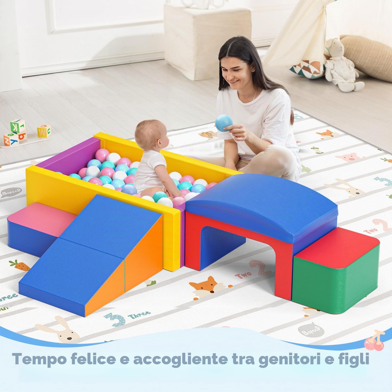 Blocchi da Arrampicata Morbidi in Schiuma con Piscina di Palline – Set da 8 Pezzi per Interni – Giocattoli Sicuri per Gattonare e Arrampicarsi Neonati e Bambini(Colore)