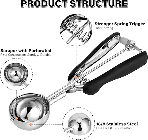 Vista 49 de Cuchara para galletas de 3.5 cucharadas, cuchara de helado con gatillo de pulgar, masa de galletas, cuchara de melón de 2.165 in, agarre cómodo