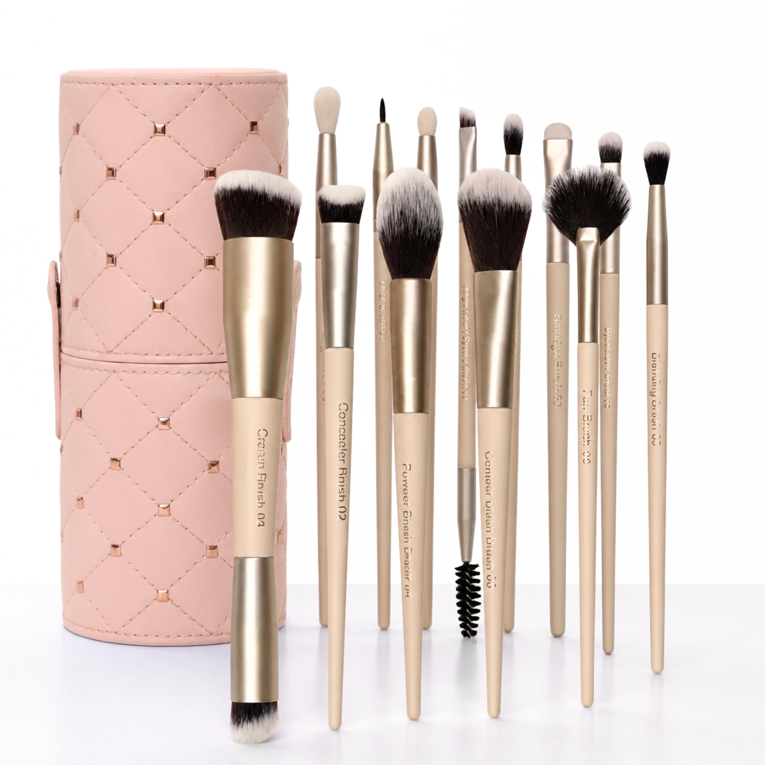 Milagro Beauty Arty Eyes & Face - Set di 13 pennelli da trucco con manico in legno, ghiera in alluminio e setole in fibra vegana, pennello professionale per fondotinta e labbra, con supporto