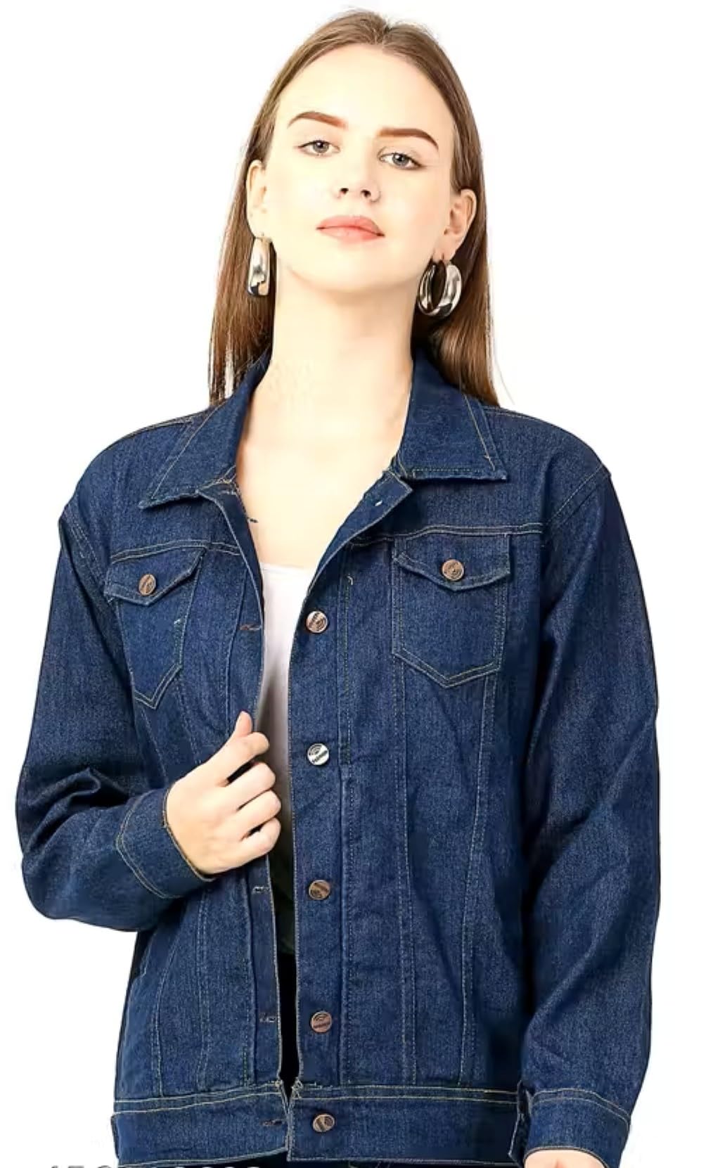 Navy Blue Woman long 100% Cotton Denim Relaxed Trucker Jacket 29300-picture-50