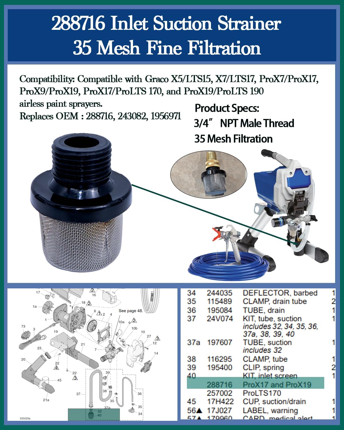 (3+8+2+6) Pack Airless Paint Sprayer Filter Kit – Compatible with Graco Magnum ProX17 & ProX19, Fits SG2 SG3 Spray Guns, Includes 288716 Pump Strainer, 288747 40 Mesh, 288749 60 Mesh, 288750 100 Mesh