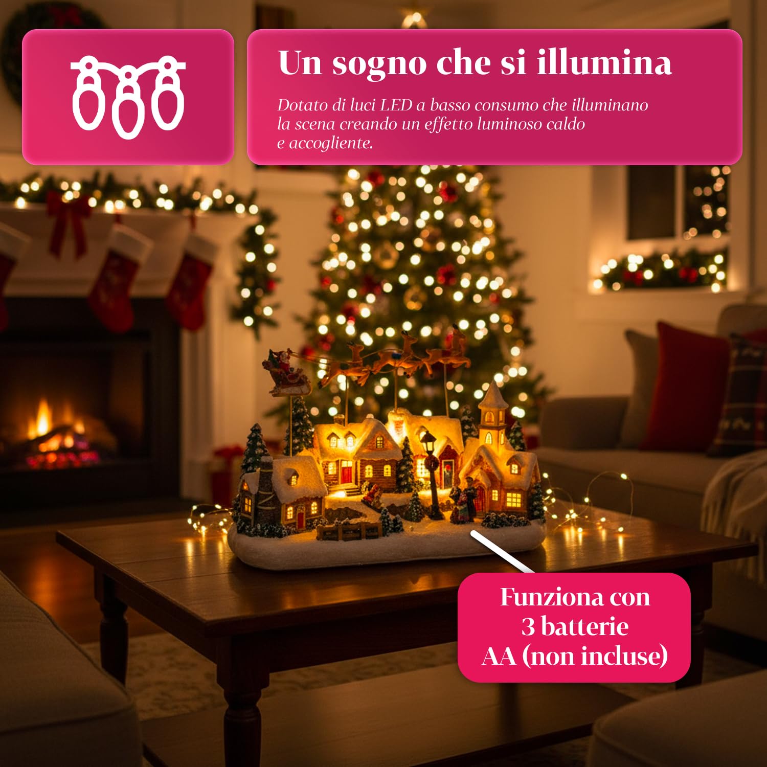 Avilia – Weihnachtsdorf Frostvale Animiert mit beweglichem Schlitten, warme LED-Lichter und Weihnachtsmusik, handbemalte Dekoration mit USB-Kabel und realistischen Details für Zuhause oder Festliches