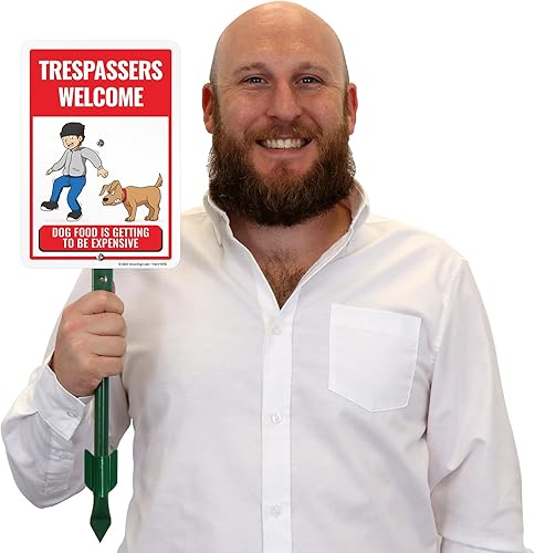 Miniatura 10 de SmartSign Letrero de metal con texto en inglés "Trespassers Welcome - Dog Food Is Getting Expensive" de 14 x 10 pulgadas, aluminio laminado