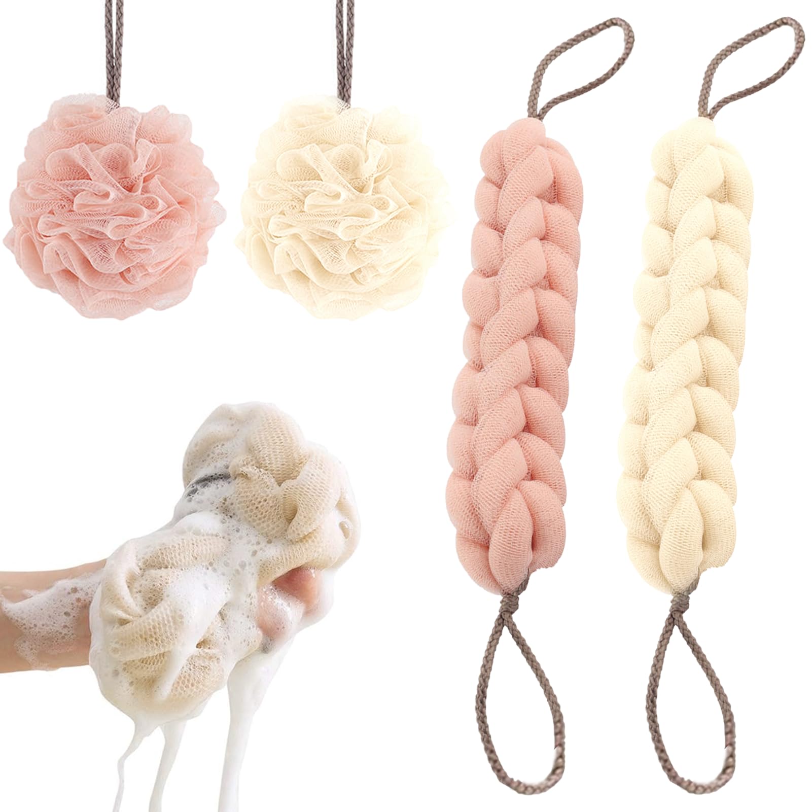 HANIUTTY 4 Esponjas De Baño Luffa (Rosa, Beige) Esponja De Ducha, Esponja De Jabón, Esponja De Masaje, Esponja De Masaje Para Hombres Y Mujeres, Accesorios De Limpieza De La Piel (2 Barras De Baño)