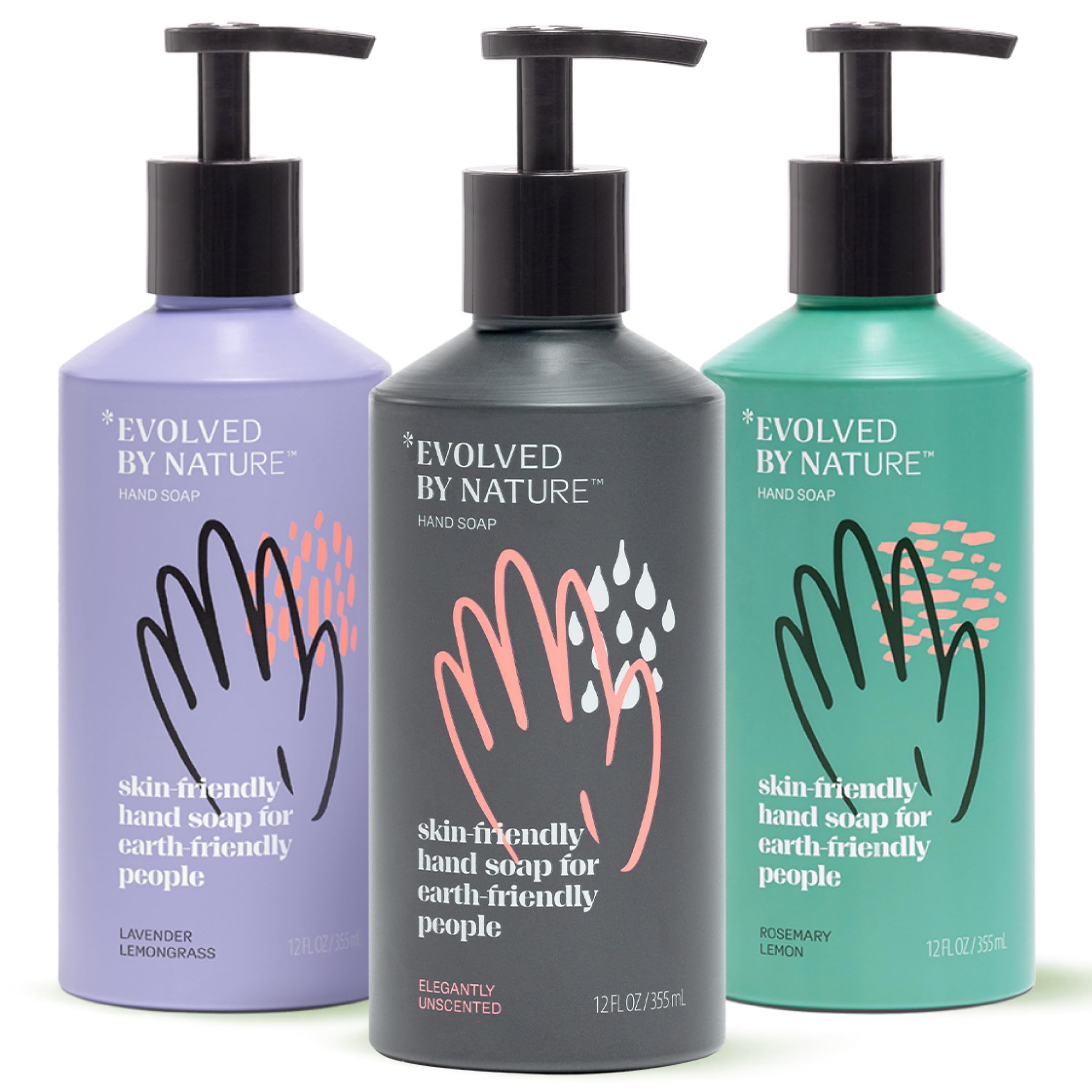 EVOLVED BY NATURE Liquid Hand Soap, 12 Oz (Charcoal, Variety Pack of 3) - Unscented, Rosemary Lemon, and Lavender Lemongrass - Biodegradable Formula