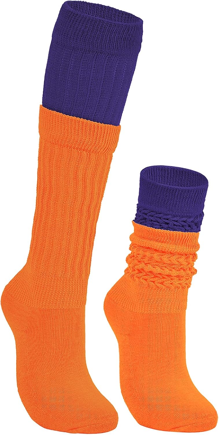 American Trends Slouch Socks for Woman Scrunch Socks 80s 90s Knee High Socks Neon Socks Slouchy Socks Pack Long Socks Dark Purple&orange One Size