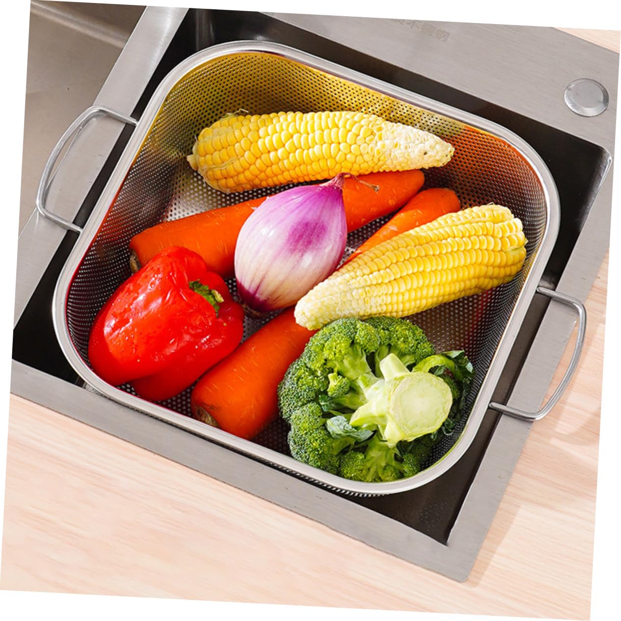 Colador de Acero Inoxidable con Asas Dobles, 1 Pieza, Plata | Gran Capacidad, Drenaje y Filtrado de Agua, Formato Cuadrado para Lavado de Frutas y Verduras