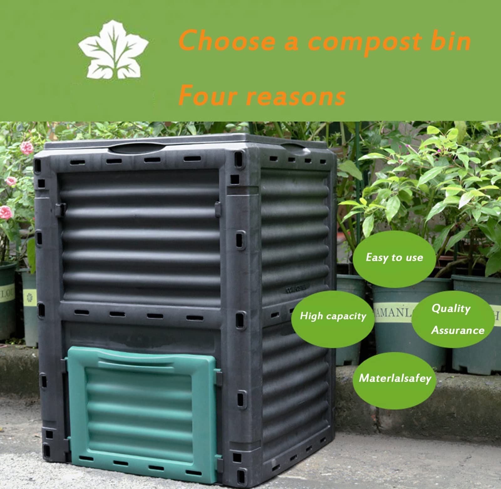 Composteur Eco 300L - Plastique Recyclé Robust - Couvercle à Charnière - Compostage Rapide Jardin/Cuisine