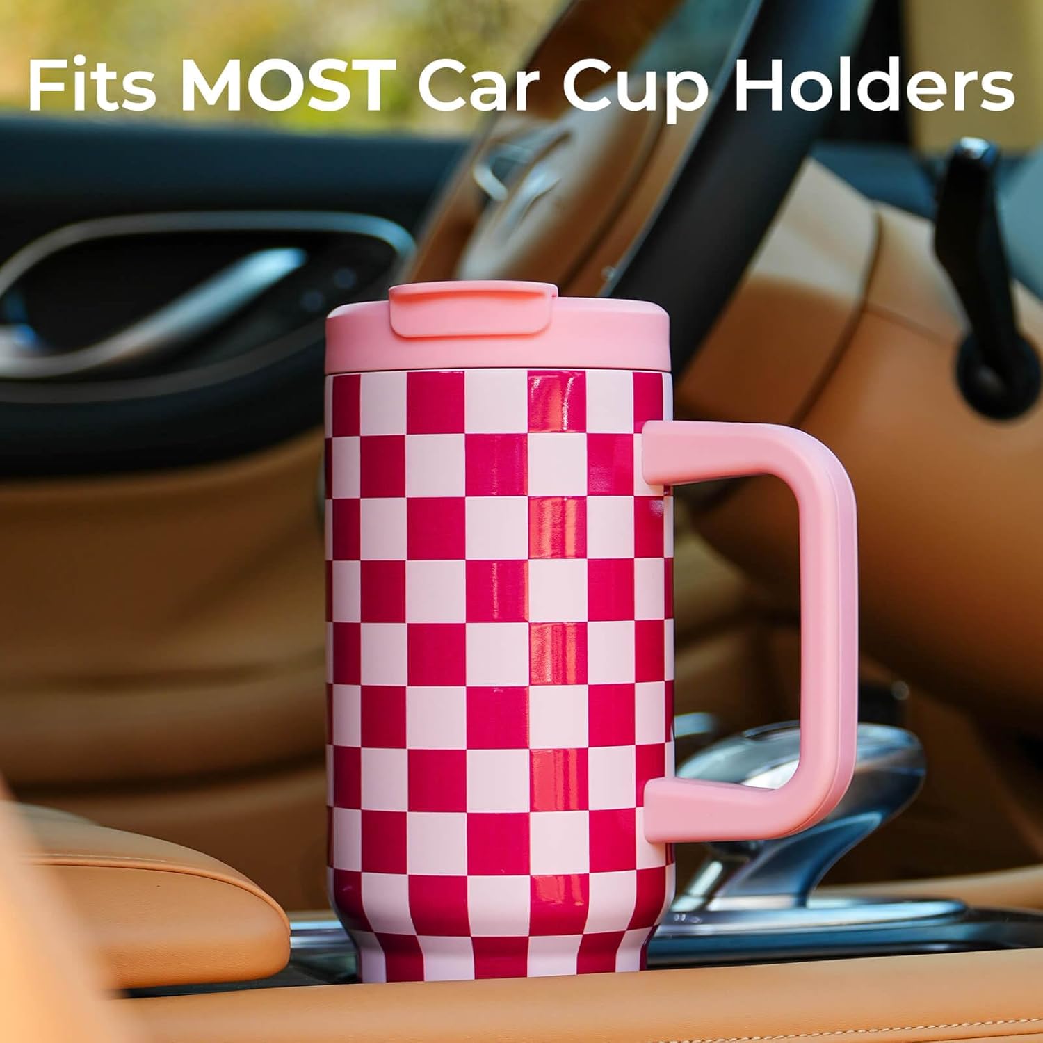 ProTour 100% Leakproof 40 oz Tumbler with Handle & 4-in-1 SipSwig Lid | Built-In Flip Straw & External Stainless Steel Straw | Insulated Stainless Steel Cup | BPA-Free | Pink Checkered - Image 4