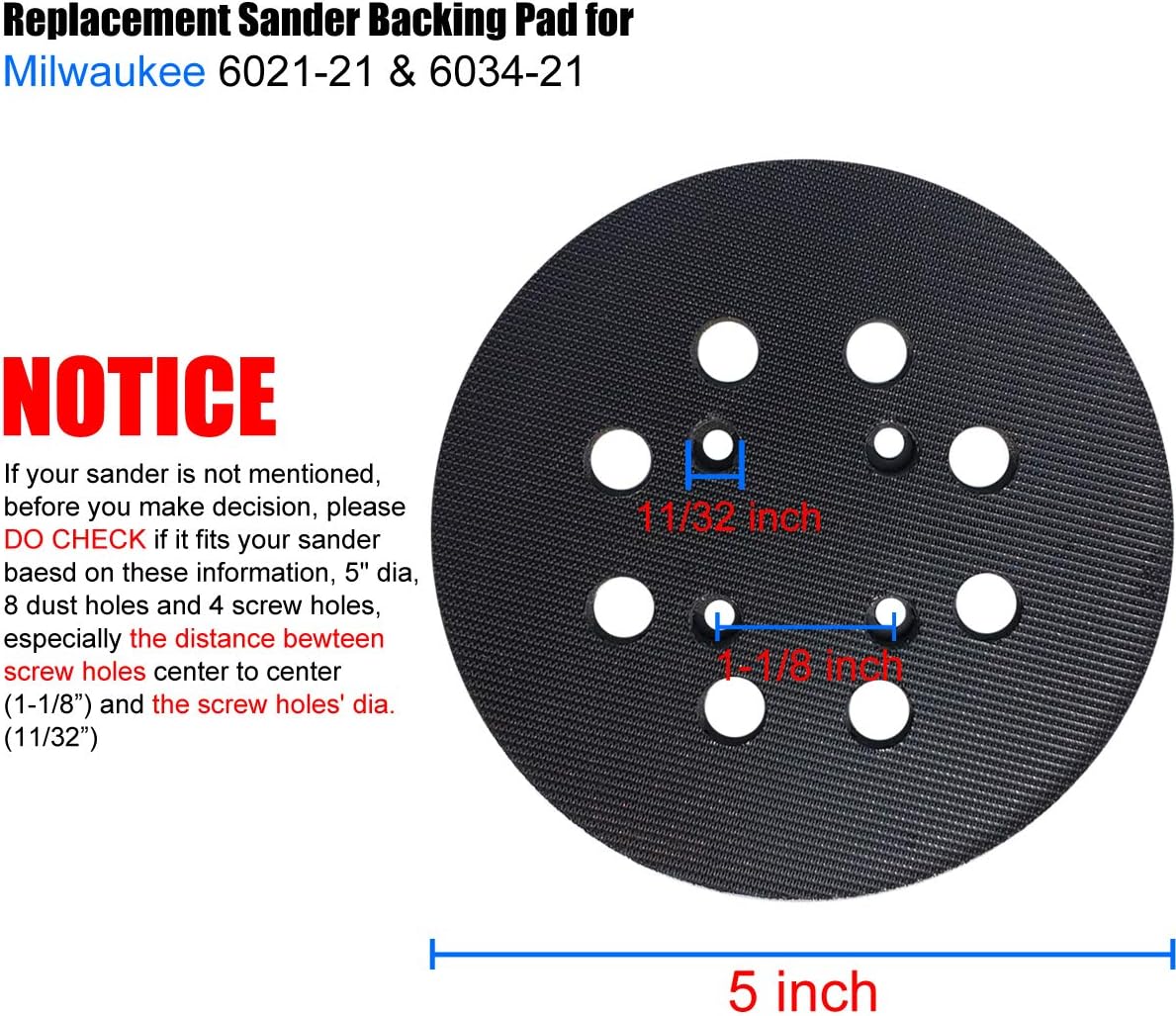 5" Hook and Loop Sander Pad for Milwaukee 6021-21, 6034-21 Random Orbit Sanders - Replacement for Pad Part Number 51-36-7100 - with Extra Hard Backing……