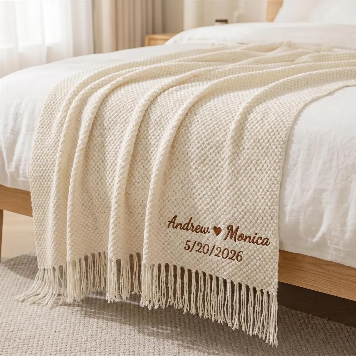 Manta de boda personalizada, manta bordada personalizada para parejas con nombres, acogedora manta de punto con flecos (150 x 250 cm)