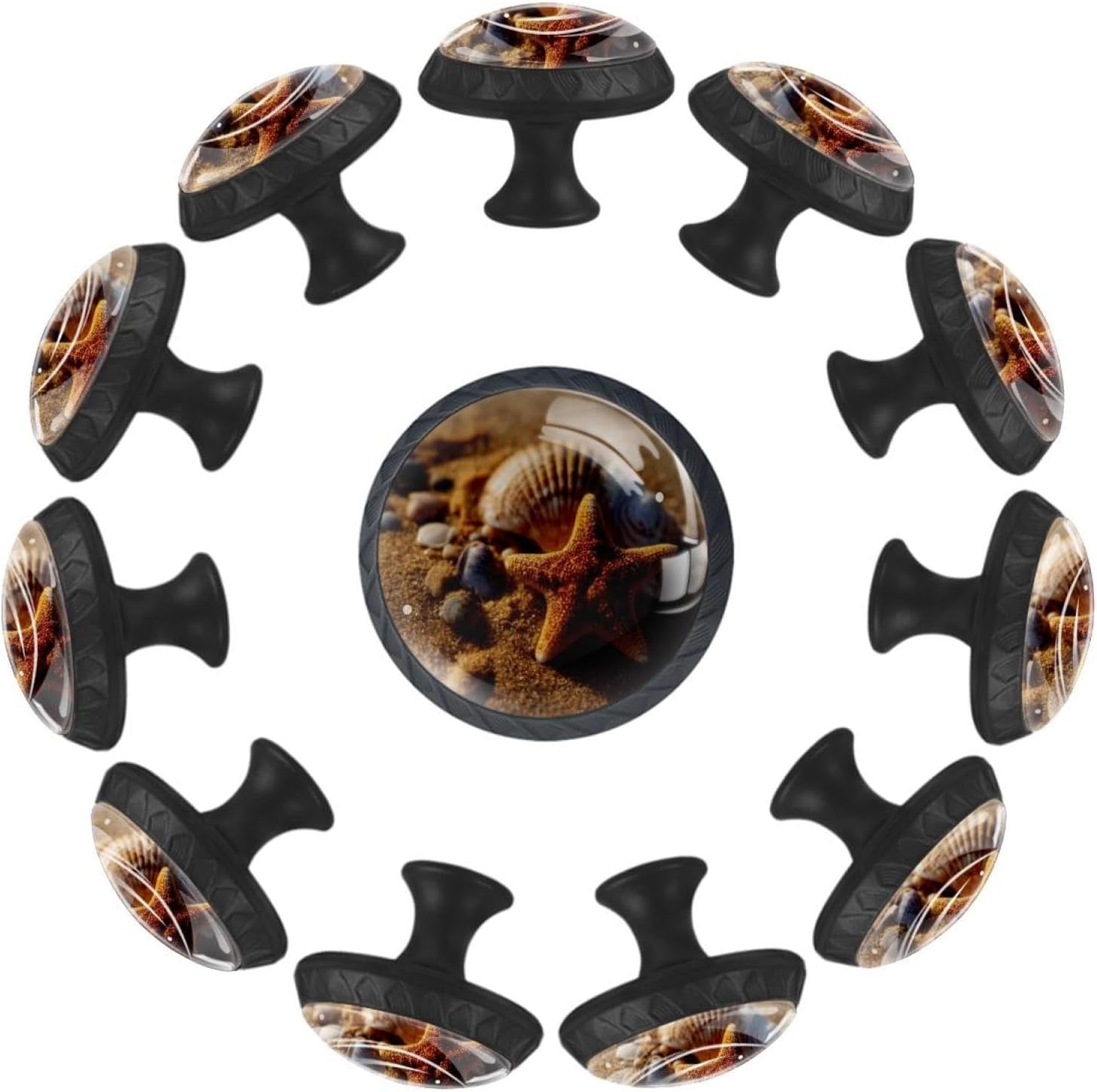 Black Sand Beach Starfish Shell (3) Round Cabinet Knobs, Furniture Hardware with Long & Short Screws for Household Use