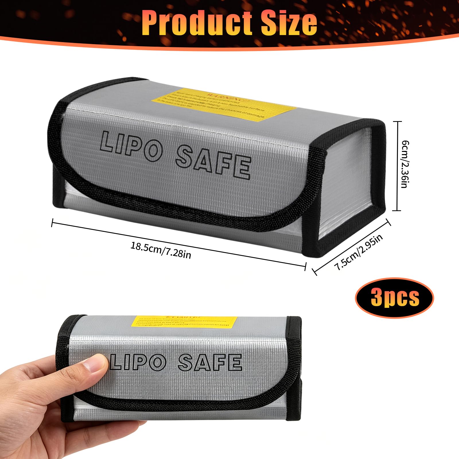 3 sztuki Lipo Safe Bag – ognioodporna torba na baterie, odporna na wysokie temperatury, torba bezpieczeństwa do akumulatorów Lipo/Ebike nadaje się do ładowania, przechowywania, transportu (18,5 x 7,5