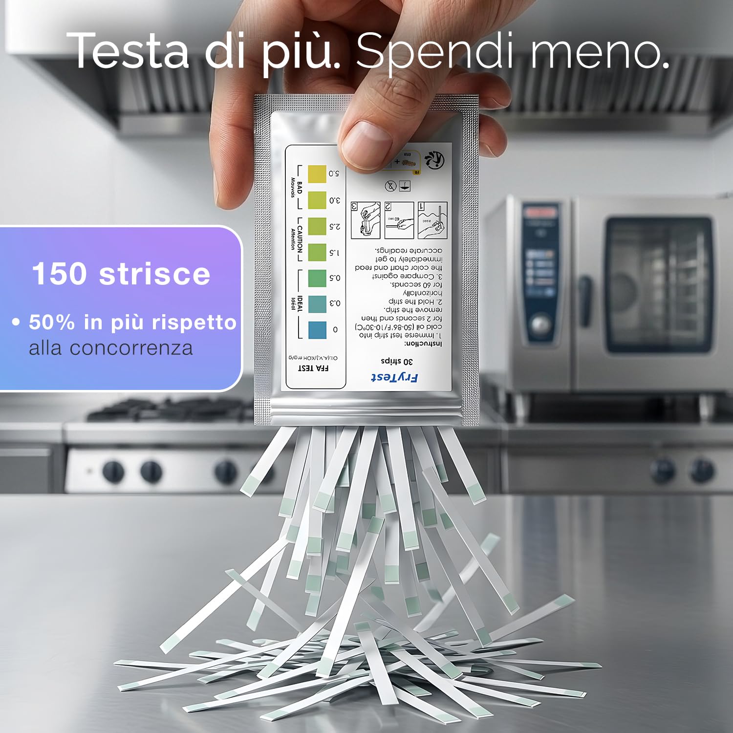 Strisce Test Olio Frittura FFA – App Gratuita Inclusa – Controllo Qualità HACCP – Certificato ISO 9001 – 150 Strisce – Tester Olio Friggitrice Ristoranti Cucina Professionale