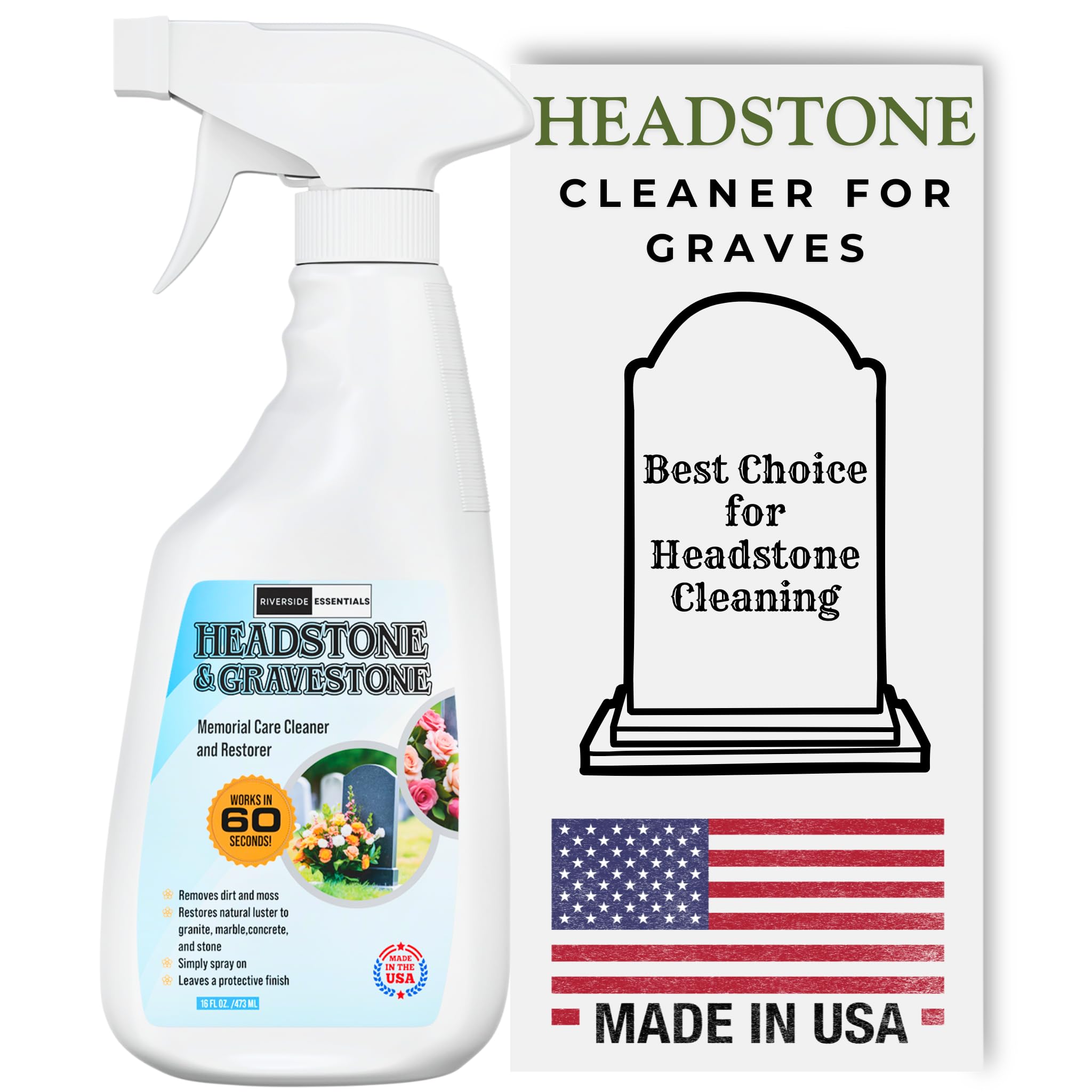 16oz Headstone Cleaner for Graves, Tombstones & Headstones - Highly Effective Solution for Restoring and Protecting Memorials - Safe for All Stone Types - Made in the USA