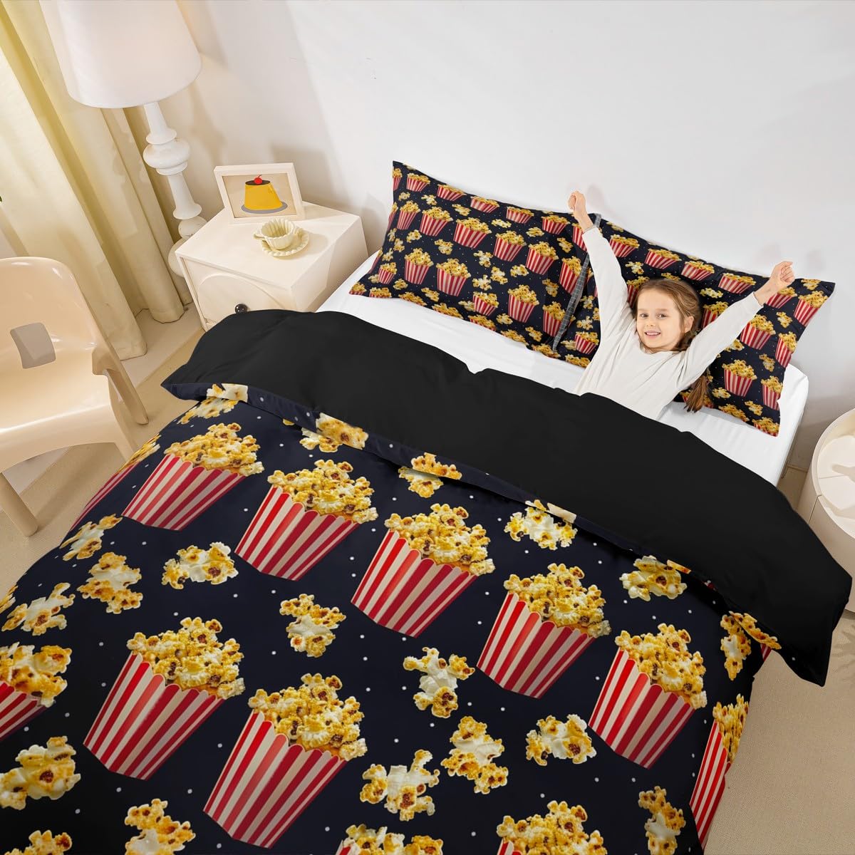 Homewish Popcorn King Size poszewka na kołdrę czerwony żółty zestaw pościeli kreskówka słodkie śmieszne jedzenie poszewka na kołdrę dla dzieci chłopców dziewcząt dorosłych kreskówka zestawy łóżek